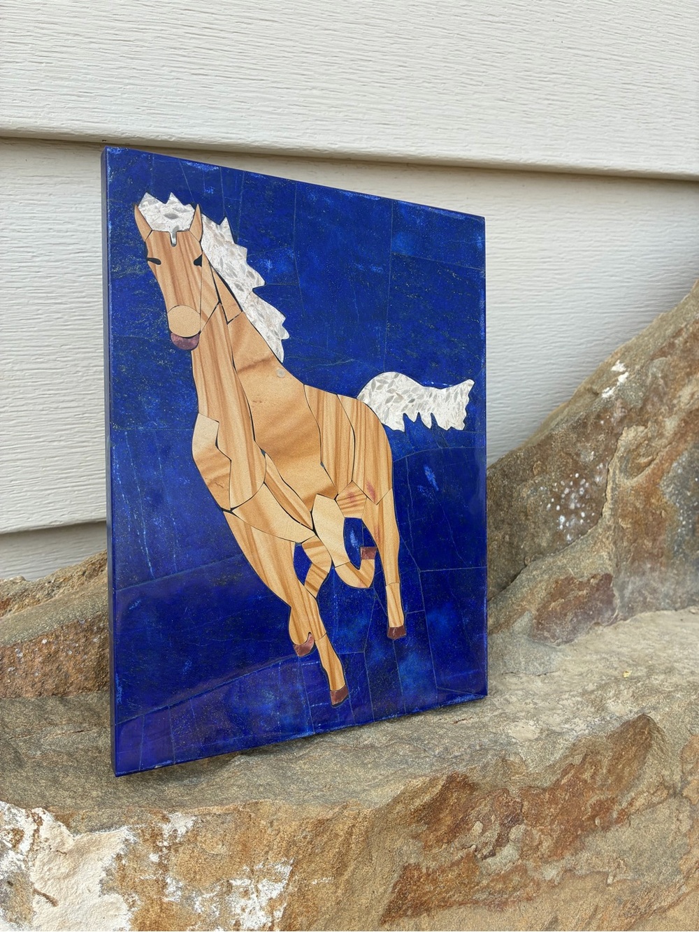 Handcrafted Afghan Lapis Lazuli Mosaic Horse Plaque